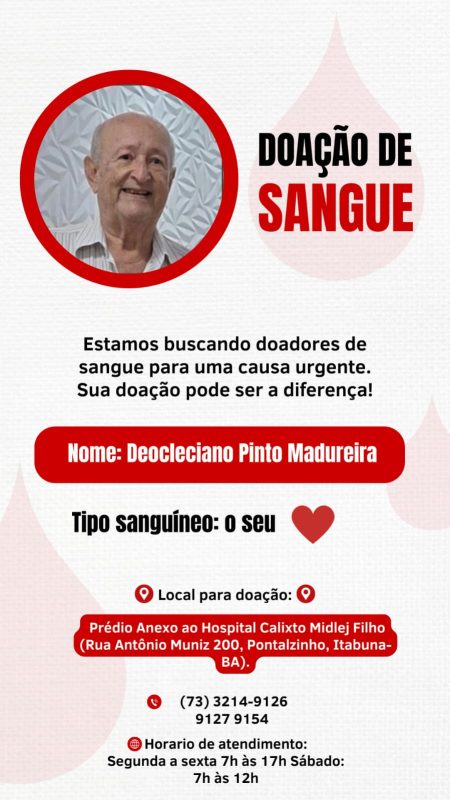 Família De Idoso Em Tratamento Em Itabuna Inicia Campanha De Doação De Sangue